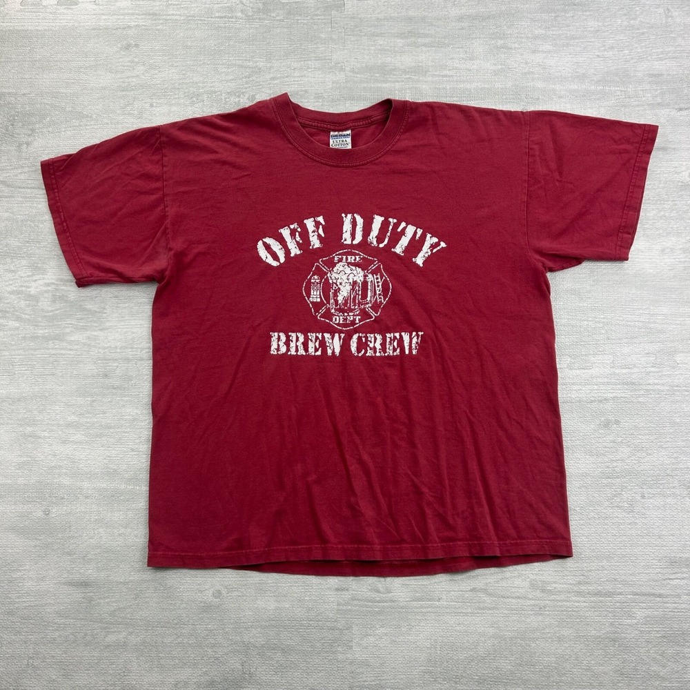 Vintage 90s Off Duty Brew Crew Shirt Size XL Red Fire Dept Funny Parody